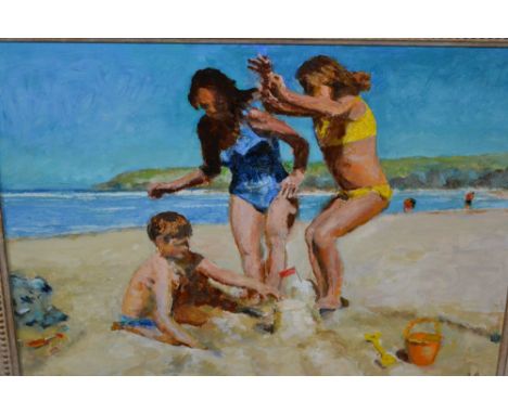 Robert Bayley, oil on board, beach scene with children building sandcastles, 9ins x 12ins, gilt framed, together with another