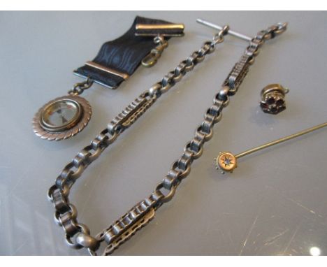 Victorian diamond set stick pin, garnet set stud, a compass fob and a part Albert watch chain 