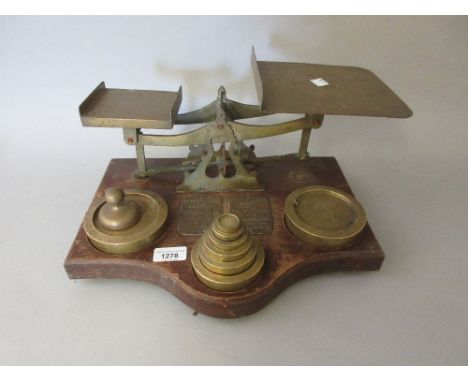 Pair of large 19th Century brass and oak postal scales with weights 