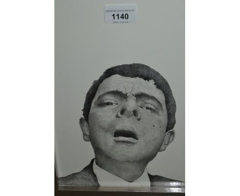 Rachel Laving Taylor, Pointillist style head and shoulder portrait of Rowan Atkinson in character as Mr Bean, 11ins x 8ins 