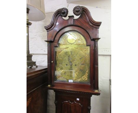 George III mahogany longcase clock, the arched hood with swan neck pediment above shaped line inlaid door flanked by quarter 