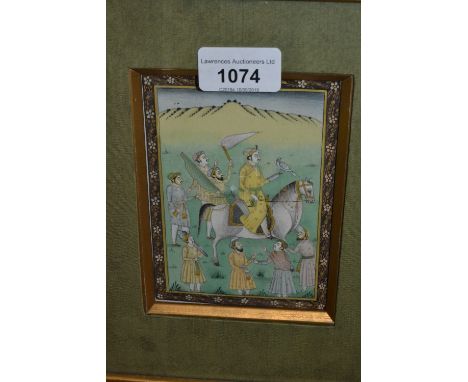 Two small Middle Eastern watercolours, a falconer on horseback and deer hunting, gilt framed 