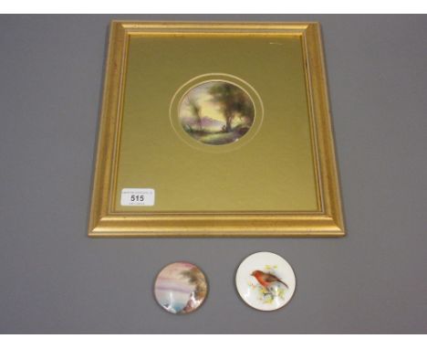 Royal Worcester pot lid painted with figure in a landscape, signed J. Stinton mounted in a gilt frame, together with two othe