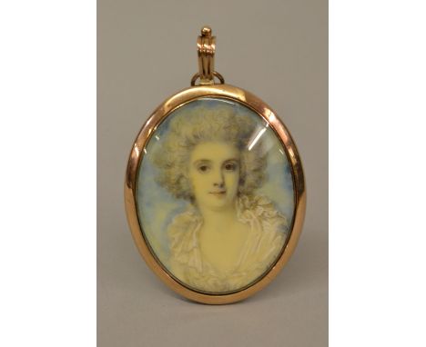 18th Century English school, watercolour, portrait miniature on ivory of a young lady wearing a pink lace dress, 55mm x 43mm 