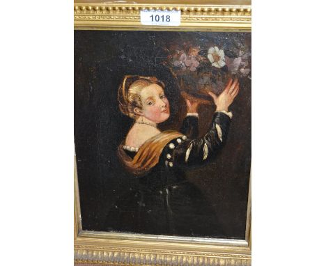 19th Century oil on canvas, portrait of a young lady tending a basket of flowers, 10ins x 8ins 