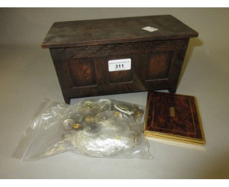 Miniature oak coffer containing a quantity of various Naval and other buttons, a pen knife and an olive wood playing card box