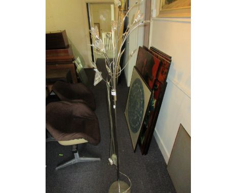 20th Century chrome floral design standard lamp and a modern floor standing lamp with linen covered shade 