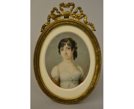 G.E. Lami, watercolour, portrait miniature on ivory of a young lady with her hair in ringlets wearing a white dress, signed L