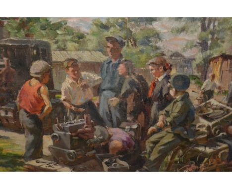 Russian school oil on canvas, figures gathered around a farm vehicle engine, indistinctly signed, 15ins x 19ins 