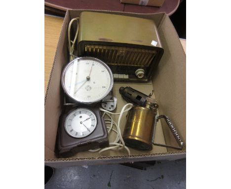 Pye table top timer, a Smiths Art Deco mantel clock, a brass blow torch and a small Philips Bakelite radio 