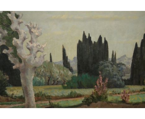 R. Windham, oil on canvas, a garden scene with cypress trees and distant mountains, 16ins x 24ins in a painted frame 