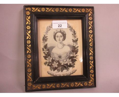 Small machine woven Stevengraph type monochrome half length portrait of Princess Alice in an ebonised and gilt frame, 6ins x 