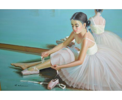 R. McCann, oil on canvas, a girl ballet dancer putting on her shoes, 20ins x 24ins, gilt framed 