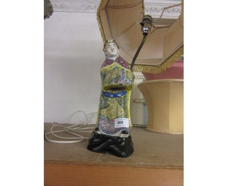 Chinese porcelain figure of a lady mounted as a table lamp on a hardwood base with shadeSome minor chips to base as shown in 