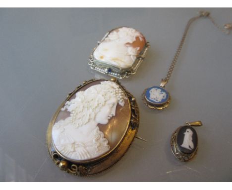 Rectangular shell carved cameo portrait brooch, together with another oval cameo portrait brooch (at fault) and two Wedgwood 
