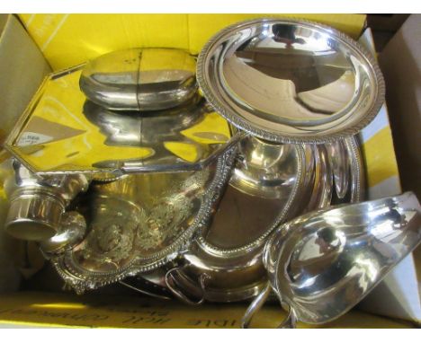 Silver plated hip flask, two entree dishes and other miscellaneous items of silver plate 