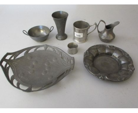 Kayserzinn, Art Nouveau mug, napkin ring and five other pieces of Art Nouveau pewter including an Orivit cream jug 