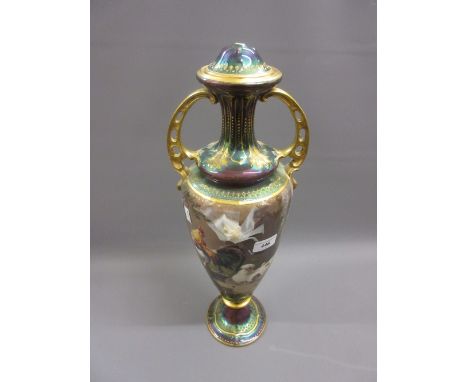 20th Century Dresden two handled baluster form vase and cover (cover at fault) decorated with a cockerel and hen with chicks,