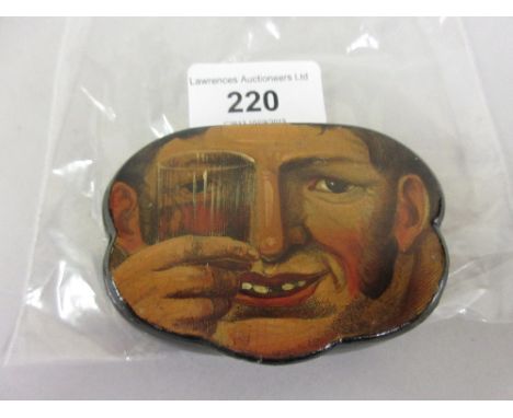 19th Century papier mache snuff box, the cover painted with a mans face 
