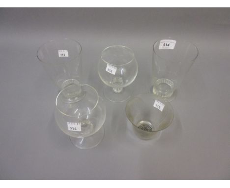Group of five various Lalique drinking glassesFour etched Lalique France, smallest beaker R. Lalique, France, 2.75ins high 