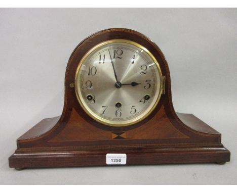 Mahogany barber's pole and line inlaid mantel clock having circular silvered dial with Arabic numerals and three train Westmi