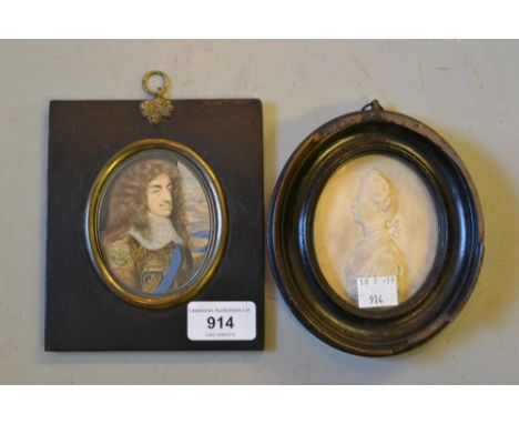 19th Century watercolour portrait miniature of Charles II together with a small antique oval relief plaque, profile portrait 