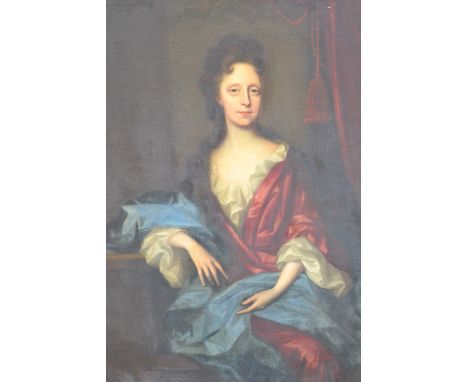Attributed to Thomas Murray (1663 - 1734), oil on canvas, a portrait of a lady in red and blue, a member of the Chesshyre fam