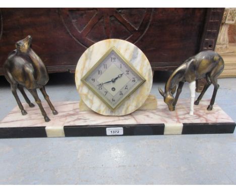 Art Deco marble mantel clock mounted with two spelter figures of deer (one missing leg) 