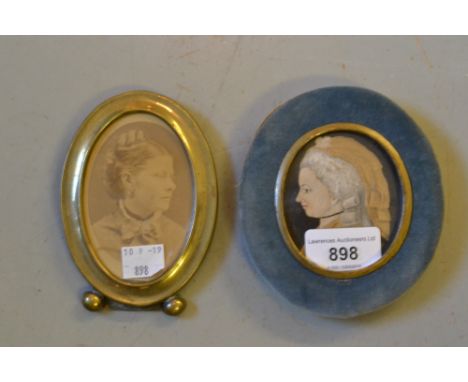 19th Century watercolour, oval portrait miniature of a lady in blue velvet frame and a Victorian photograph of  lady in brass