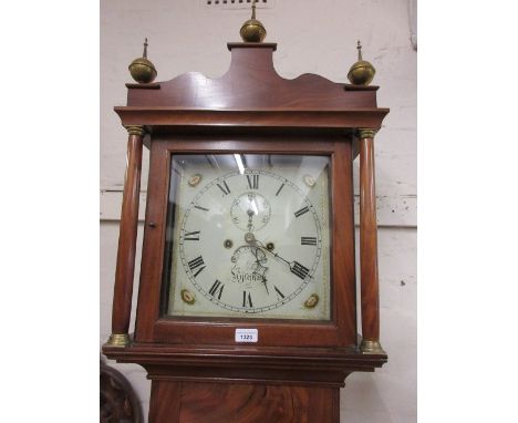 19th Century mahogany longcase clock, the square painted dial with Roman numerals, subsidiary seconds and date aperture with 