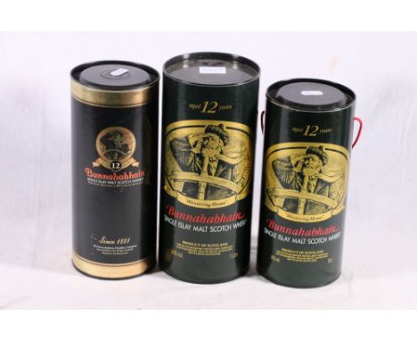 Three bottles of BUNNAHABHAIN 12 year old Islay single malt Scotch whisky, one 43% 1 litre and two 40% abv 70cl, each boxed, 