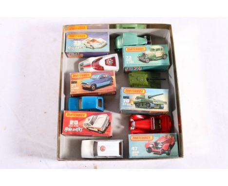 Six Matchbox 75 Series diecast model vehicles including 20 Police Patrol Rolamatics, 21 Renault 5TL Superfast, 35 Fandango Ro