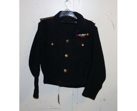 British Royal Navy dress uniform jacket having H Lotery &amp; Co Ltd label dated 1944 size 7, with brass naval buttons by Gau