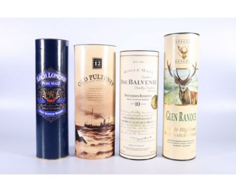 Four bottles of single malt Scotch whisky including BALBLAIR Elements 43% abv 1 litre, OLD PULTENEY 12 year old 40% abv 70cl,