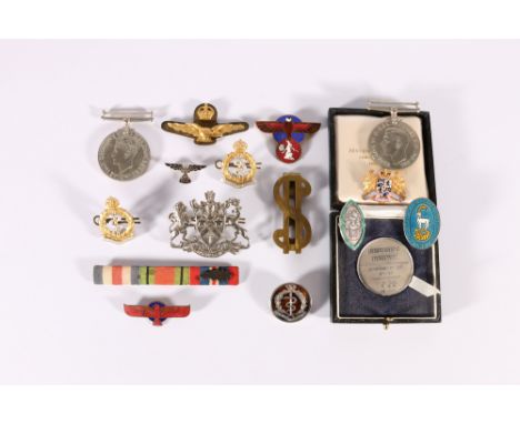 WWII war medal and Defence medal pair, a Royal Army Medical Corps silver and tortoiseshell sweetheart brooch hallmarked for L