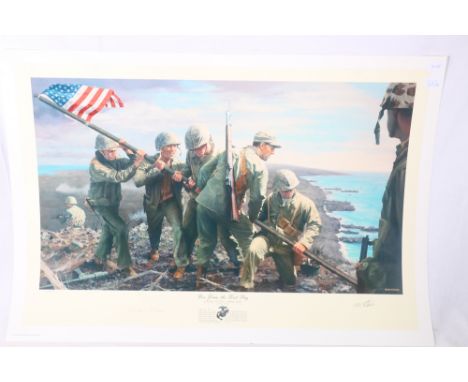 RON STARK&nbsp;Iwo Jima, the First Flag&nbsp;Print, pencil signed limited edition 168/300, image size 42cm x 70cm, sheet size