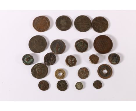 12 Ancient Roman and Greek coins including a Trajan silver denarius, FRANCE medal circa 1824 commemorating the Re-establishme