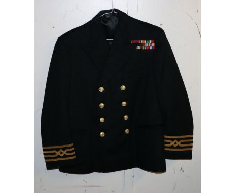 British Royal Navy dress uniform jacket having Forsyth of Edinburgh label "Capt Barnetson 4496 18/4/53", brass naval buttons 