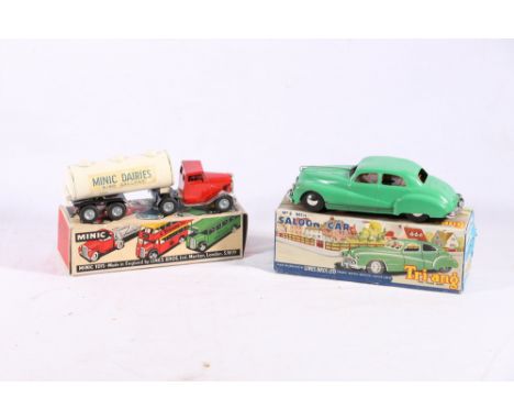 Two Lines Bothers Ltd Triang Minic miniature clockwork scale models no.2 Saloon Car and&nbsp;71M Mechanical Horse and Milk Ta