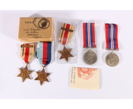 WWII war medal, 1939-45 star and Africa star with 8th Army claps in issue box sent to Mr C Robertson of Elgin with copy docum