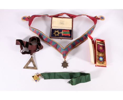 Ancient Order of Druids medals including a neck sash with Grand Lodge of England pendant and two Past Noble Arch Druid depend