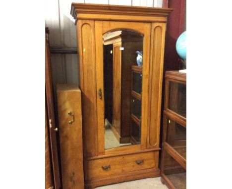 An Edwardian satin wood mirrored door wardrobe fitted single drawer below 