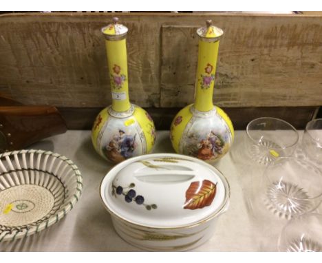 A pair of Dresden style porcelain vases and covers decorated with figures; together with a Royal Worcester tureen and cover 