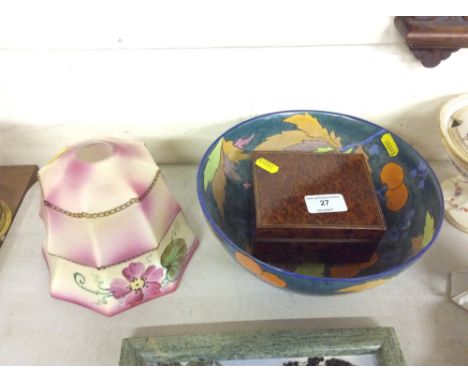 A Carltonware fruit bowl; together with a burr wood box; and an Art Deco light shade