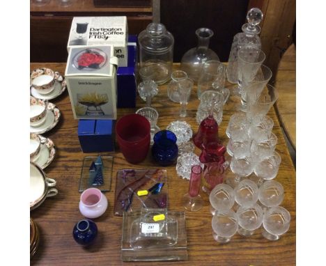 A collection of various tableware and glassware to include deskstand, cranberry and other coloured glassware, decanter and st