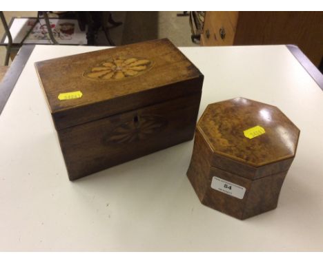 A burr wood tea caddy of octagonal form; and a 19th Century inlaid two compartment tea caddy