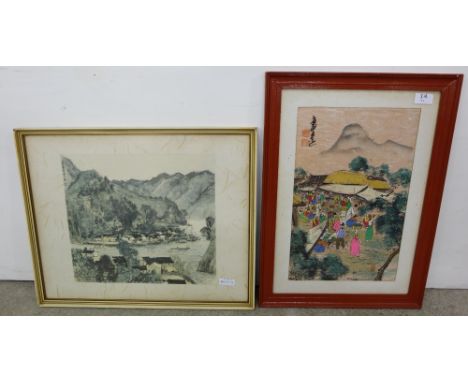 19th C Japanese watercolour, signed & & a Japanese framed print (2)