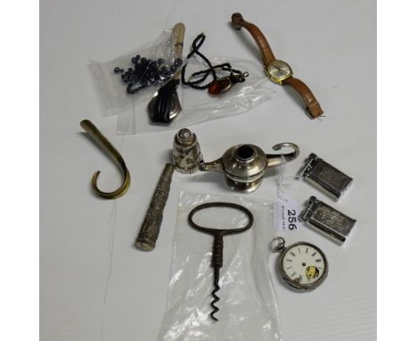 Bagged sterling silver items incl. a miniature aladdin lamp & an 18thC corkscrew & a bag of watches, lighters etc
