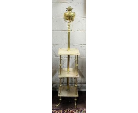 3 Tier Vicrian Brass Standard Lamp, with red marble shelves and a brass oil lamp bowl, 60”h
