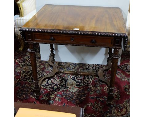 Fine quality mahogany late Vicrian sofa table, with drop flaps and oak lined drawer on turned and ribbed legs and shaped stre